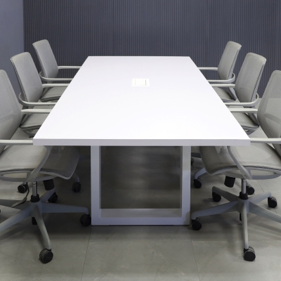 90-inch Newton Rectangular Conference Table in white gloss laminate top and white metal u base, with white MX2 power box, shown here.