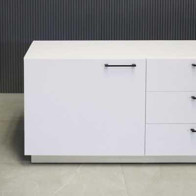 90-inch Manhattan Storage Credenza in white matte laminate credenza, front drawers & doors with 3 locks, and brushed aluminum toe-kick.