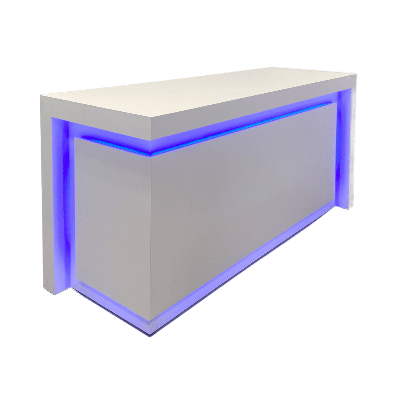 90-inch New York L-Shape Retail Custom Reception Desk in dover off-white matte laminate desk, and color changing LED.