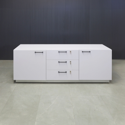 90-inch Manhattan Storage Credenza in white matte laminate credenza, front drawers & doors with 3 locks, and brushed aluminum toe-kick.