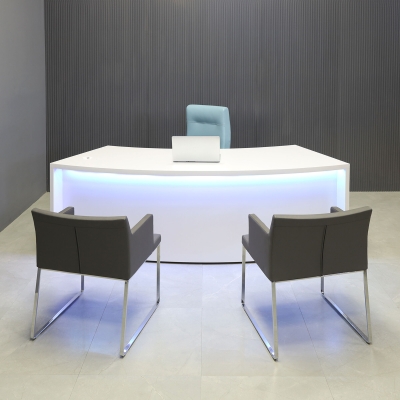 90-inch Seattle Curved Executive Desk in white gloss laminate main desk & privacy panel, with color LED, shown here.