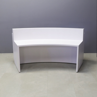 90-inch Seattle X3 Custom Reception Desk in white matte laminate main desk, fog gray tambour front panel, and color changing LED.
