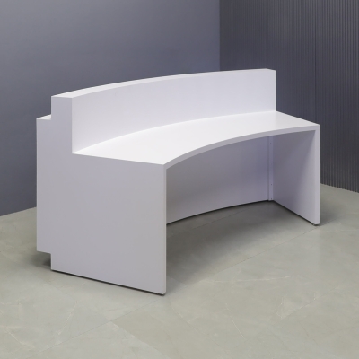 90-inch Seattle X3 Custom Reception Desk in white matte laminate main desk, fog gray tambour front panel, and color changing LED.