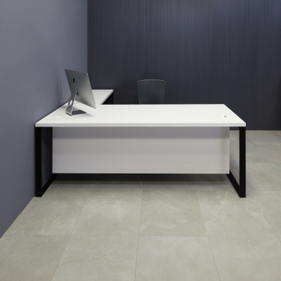 90-inch Aspen L-Shape Executive Desk With Laminate Top, right side return when sitting, in white matte laminate top & privacy panel, and black metal legs, shown here.
