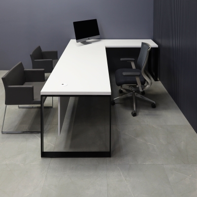 90-inch Aspen L-Shape Executive Desk With Laminate Top, right side return when sitting, in white matte laminate top & privacy panel, and black metal legs, shown here.