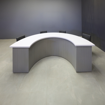 90-inch Modern Custom Podcast Table in white matte laminate top, fog gray tambour front side, and white matte laminate inside.