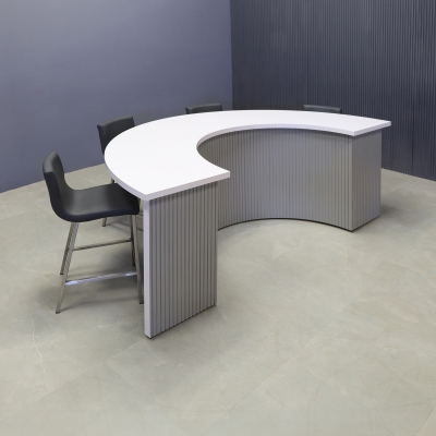 90-inch Modern Custom Podcast Table in white matte laminate top, fog gray tambour front side, and white matte laminate inside.