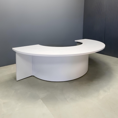 90-inch Modern Custom Podcast Table in white matte laminate top, fog gray tambour front side, and white matte laminate inside.