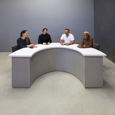 90-inch Modern Custom Podcast Table in white matte laminate top, fog gray tambour front side, and white matte laminate inside.