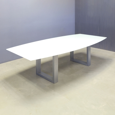 90-inch Omaha Boat Shape Conference Table in 1/2-inch white tempered glass top, and silver metal u-legs powder coated.