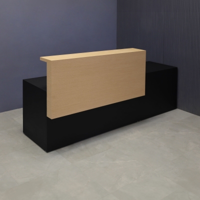 96-inch Los Angeles Long and ADA Compliant Custom Reception Desk with the counter on the left side when facing front in white oak veneer counter, and black traceless laminate desk.