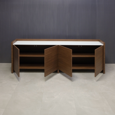 96-inch Aspen Storage Credenza in 1/2-inch white tempered glass top, and walnut heights matte laminate credenza & doors.