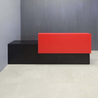 96-inch Los Angeles Long and ADA Compliant Custom Reception Desk with the counter on the right side when facing front in classic red matte laminate, and black matte laminate desk.