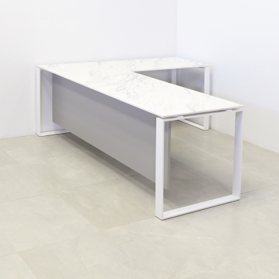 Aspen L-Shape Executive Desk With Engineered Stone Top in calcutta blanc top, folkstone gray privacy panel and white metal legs shown here.
