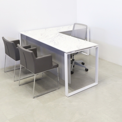 Aspen L-Shape Executive Desk With Engineered Stone Top in calcutta blanc top, folkstone gray privacy panel and white metal legs shown here.