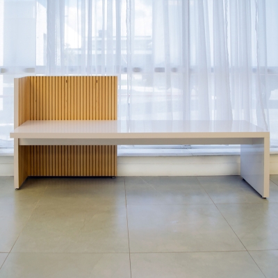 72-inch aXis Bench in white gloss laminate base, and maple tambour wall.