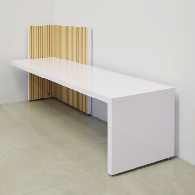 72-inch aXis Bench in white gloss laminate base, and maple tambour wall.