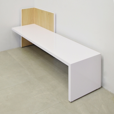 72-inch aXis Bench in white gloss laminate base, and maple tambour wall.