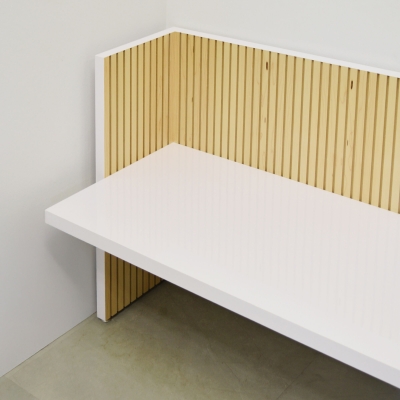 72-inch aXis Bench in white gloss laminate base, and maple tambour wall.