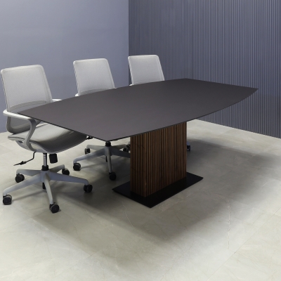 84-inch Aurora Boat Conference Table in 1/2-inch Black traceless engineered surface top, walnut & black tambour pedestal, and black stainless steel base.