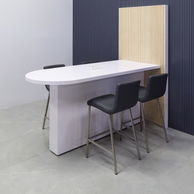 72-inch Weight and 36-inch Height, Westin Standing Collaboration and Training Table in white matte laminate top and base, with maple veneer tambour wall, and 1 white powerbox, shown here.