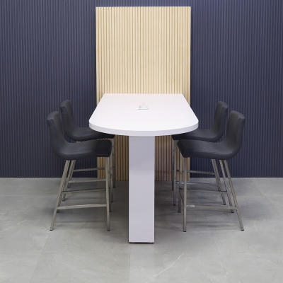 72-inch Weight and 36-inch Height, Westin Standing Collaboration and Training Table in white matte laminate top and base, with maple veneer tambour wall, and 1 white powerbox, shown here.