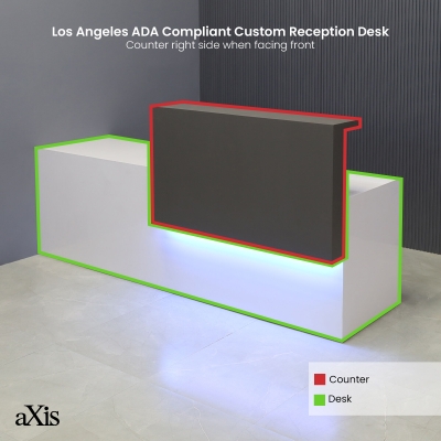 90-inch Los Angeles ADA Custom Reception Desk with the counter on the right side when facing front in storm gray matte laminate, white gloss laminate desk, and color changing LED.