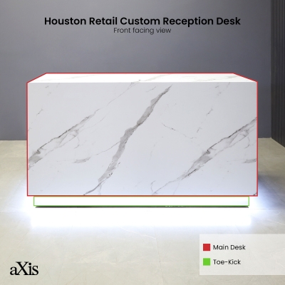 72-inch Houston Retail Custom Reception Desk in calcutta stone PVC main desk, brushed aluminum toe-kick, and warm white changing LED.