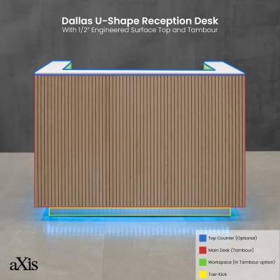 60-inch Dallas U-Shape Reception Desk with 1/2-inch white solid engineered surface top, maple tambour main desk, white matte workspace, brushed aluminum toe-kick, and color changing LED.
