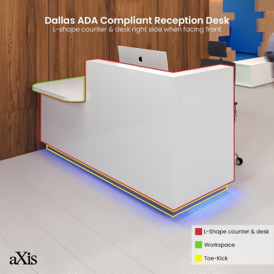 72-inch Dallas ADA Compliant Counter Custom Reception Desk, l-shape counter & desk on the right side when facing front, and workspace in white gloss laminate, and brushed aluminum laminate toe-kick, with color changing LED.