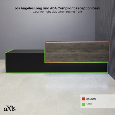 150-inch Los Angeles Long and ADA Compliant Custom Reception Desk with the counter on the right side when facing front in metropolitan concrete PVC, black traceless laminate desk, and warm white LED.