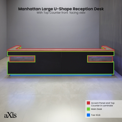 180-inch Manhattan Large U-Shape Custom Reception Desk in metropolitan concrete PVC counter top & accent panel, black traceless laminate main desk, brushed aluminum toe-kick, and color changing LED.