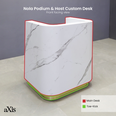 36-inch Nola Podium & Host in calcutta stone PVC main desk and brushed gold toe-kick.