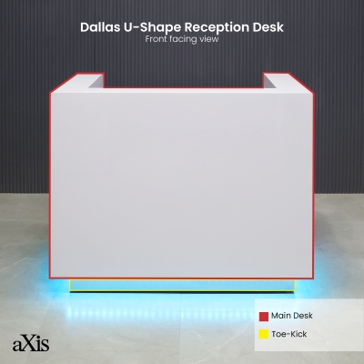 48-inch Dallas U-Shape Custom Reception Desk in white gloss laminate main desk, brushed aluminum toe-kick, and color changing LED.