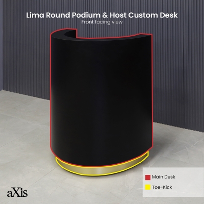 32-inch Lima Round Podium & Host Custom Desk in black matte laminate main desk and gold aluminum toe-kick.