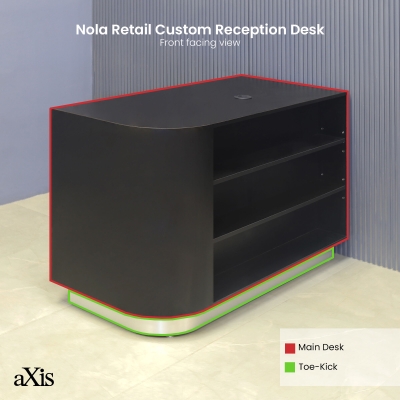 48-inch Nola Retail Custom Reception Desk in black matte laminate main desk with 2 adjustable shelves, and brushed aluminum toe-kick.
