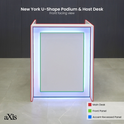 32-inch New York U-Shape Podium & Host Custom Desk in white gloss laminate main desk, front panel & accent recessed, and color changing LED.