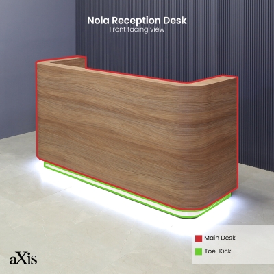 84-inch Nola Custom Reception Desk in DISCONTINUED matte laminate main desk, brushed gold toe-kick, and warm white LED.