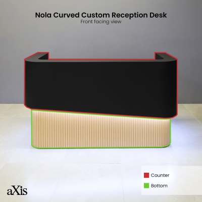 72-inch Nola Curved Custom Reception Desk in black traceless laminate counter, maple tambour bottom, and warm white LED.