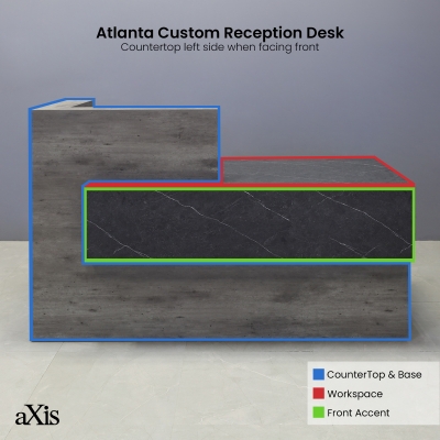 72-inch Atlanta Custom Reception Desk with the countertop & base on the left side when facing front covered in metropolitan concrete PVC, while the workspace and front panel are covered in black stone PVC.