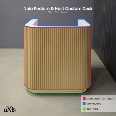 36-inch Nola Podium & Host Custom Desk in maple tambour main desk, and white matte laminate workspace & toe-kick.