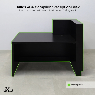 60-inch Dallas ADA Compliant Counter Custom Reception Desk, l-shape counter & desk on the left side when facing front in black matte laminate & workspace, and brushed aluminum toe-kick.