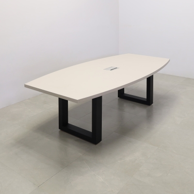 92-inch Newton Boat Shaped Conference Table in beige traceless laminate top, black metal u-legs powder coated, and silver MX3 power box.