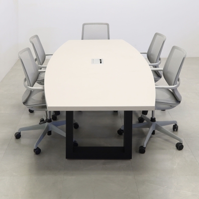 92-inch Newton Boat Shaped Conference Table in beige traceless laminate top, black metal u-legs powder coated, and silver MX3 power box.