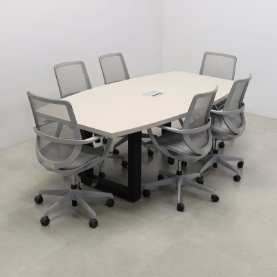 92-inch Newton Boat Shaped Conference Table in beige traceless laminate top, black metal u-legs powder coated, and silver MX3 power box.