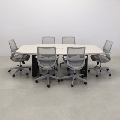 92-inch Newton Boat Shaped Conference Table in beige traceless laminate top, black metal u-legs powder coated, and silver MX3 power box.
