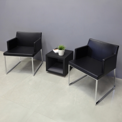 Soho Metal Armchair in Black Leatherette - Set of 2, with 16-inch black albany side table, shown here.