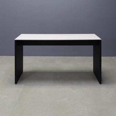 Ashville Engineered Stone Bar Table in solenne marble top and black traceless laminate base shown here.