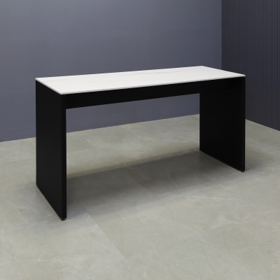 Ashville Engineered Stone Bar Table in solenne marble top and black traceless laminate base shown here.