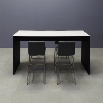 Ashville Engineered Stone Bar Table in solenne marble top and black traceless laminate base shown here.